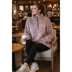 GreenTea Sherpa Pullover Large Purple Cozy Teddy Fleece 1/4 Zip Winter Cabincore